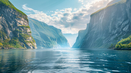 A scenic view of a fjord surrounded by towering cliffs under a partly cloudy sky on a bright day .