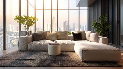 Luxury Modern Apartment Living Room with Panoramic City View