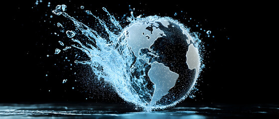This image depicts a globe made of water being splashed against a dark backdrop conveying ideas of environmental issues global impacts. Great for awareness campaigns.