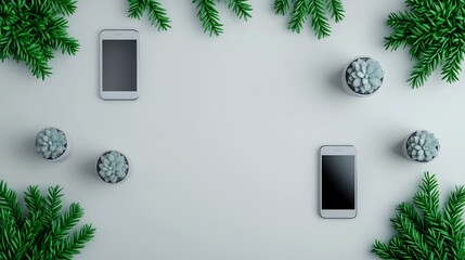 Modern holiday tech scene with phones, succulent plants and evergreen boughs