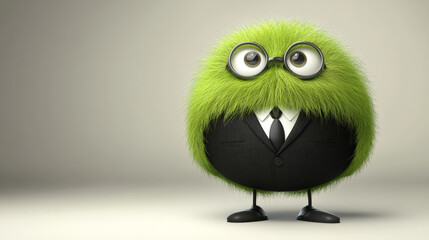 Fototapeta premium A delightfully quirky character design featuring a spherical, fluffy green creature dressed to impress in a finely tailored black suit. Generative AI
