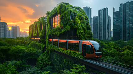 Naklejka premium Green city infrastructure featuring renewable energy, public transportation, and vertical gardens to illustrate nature-based urban solutions