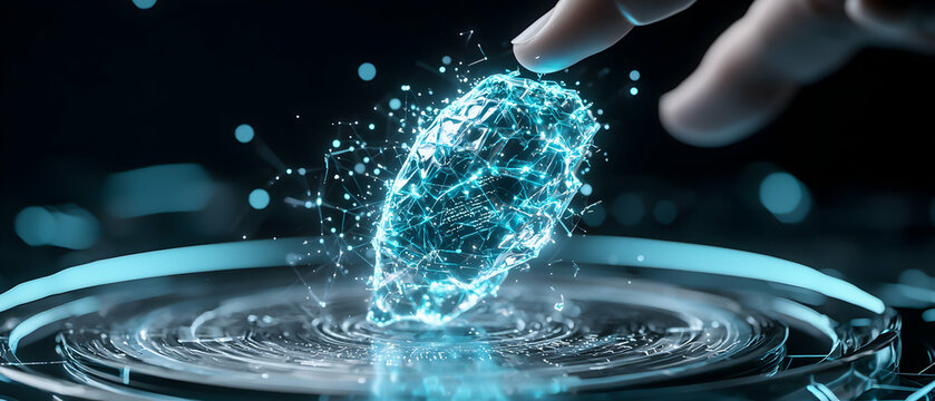 A futuristic image depicts a glowing data crystal being touched by a finger. Use it for technology visualizations or data processing presentations.