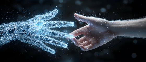 A futuristic image of two hands connecting. One is ethereal the other is human. Suggests technology's impact on humanity.  Can be used in AI related content.