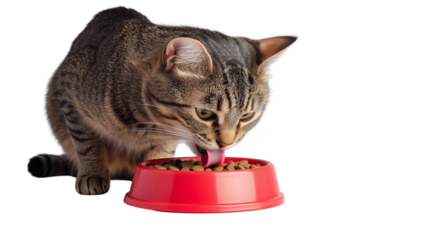 A cute tabby cat licking its lips next to a full bowl of savory cat food isolated on transparent background (4)