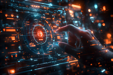 A hand interacts with a futuristic digital interface. It could represent data analysis cybersecurity control systems or advanced technology applications.