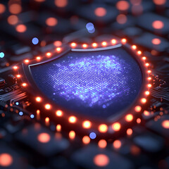 A glowing shield representing cybersecurity on a circuit board. Ideal for tech presentations illustrating data protection and network security concepts.