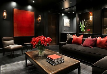 Sophisticated Black and Red Interior Design Featuring Contemporary Furniture and Stylish Lighting