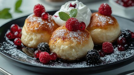   Black plate with powdered sugar-covered pastries and raspberry toppings