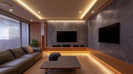Modern apartment living room with marble wall, two TVs, and city view