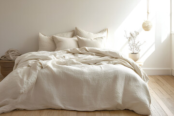 A clean, minimalist bed with white bedding, a few soft pillows, and no clutter. The room has light wood floors and simple d&eacute;cor.