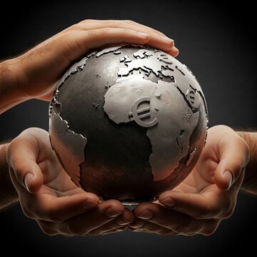 Two hands cradle a stylized globe, emphasizing unity and cooperation. The globe features Africa and Euro symbols, symbolizing global finance and interconnectedness.
