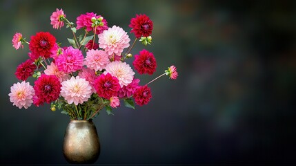 Fototapeta premium A vase holding pink and red blossoms rests atop a brown table, close to another vase containing pink and white petals