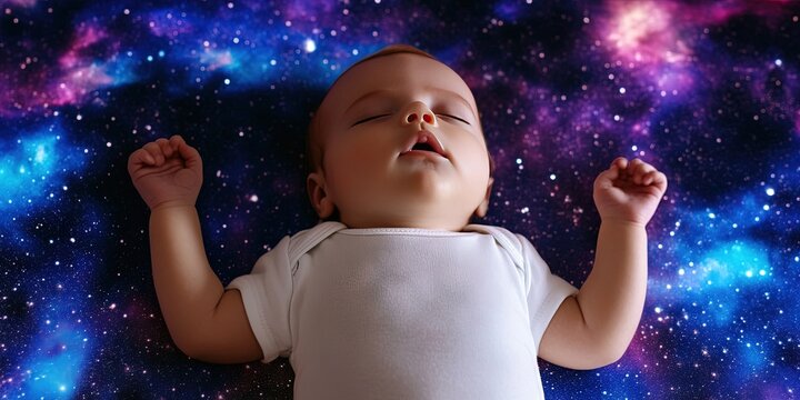 baby floating in space - young infant is weightless in the antigravity of outer space