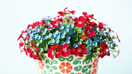 Red and Teal Catmint & Forget-Me-Nots in Patterned Fabric Pot - Spring Floral Still Life