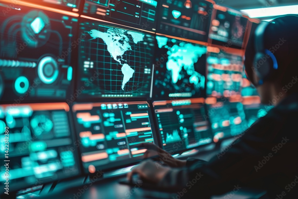 Poster a cybersecurity professional monitors a network of monitors displaying global network activity, desi