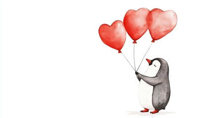   A penguin with a mouthful of heart-shaped balloons