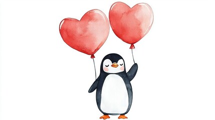 Fototapeta premium A penguin with two heart-shaped red balloons