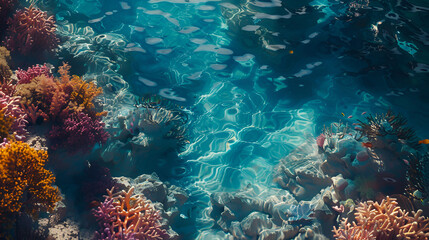 Obraz premium Underwater view of coral reef with sunlight filtering through the ocean surface and school of fish swimming .