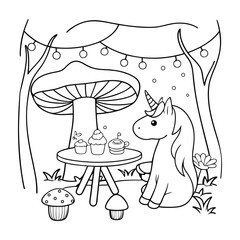 Cute Unicorn Enjoying a Tea Party with Cupcakes in a Fantasy Garden
