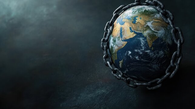 Planet Earth bound in chains representing global political control and oppression amid a stark environment