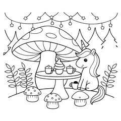 Cute Unicorn Enjoying a Tea Party with Cupcakes in a Fantasy Garden