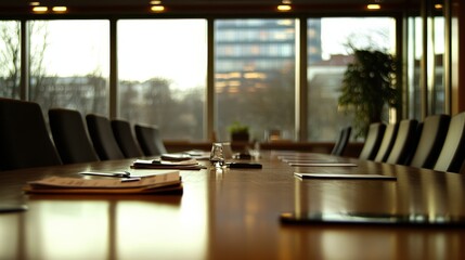 A long wooden conference table with chairs is prepared
