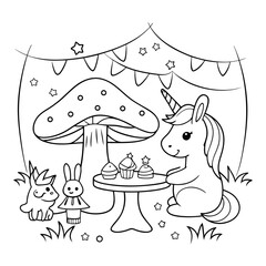 Cute Unicorn Enjoying a Tea Party with Cupcakes in a Fantasy Garden