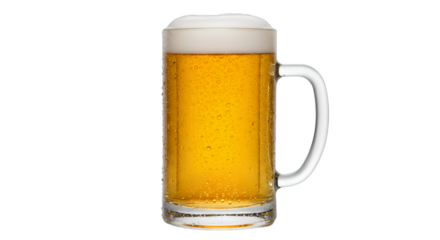 Refreshing beer mug filled with golden lager and foamy head closeup
