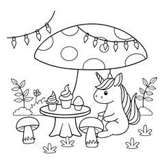 Cute Unicorn Enjoying a Tea Party with Cupcakes in a Fantasy Garden