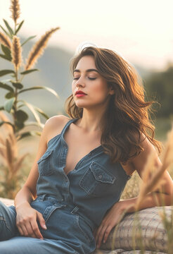 Peaceful Young Woman Relaxing Outdoors at Golden Hour