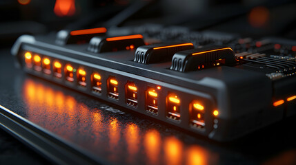 A sleek black electronic device with glowing orange lights. Likely a hub or dock for charging or data transfer. Perfect for tech enthusiasts and gamers.