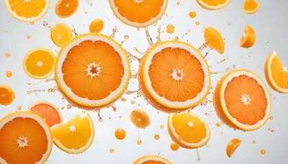 Dynamic shot of fresh orange slices bursting with juice and water droplets on white.