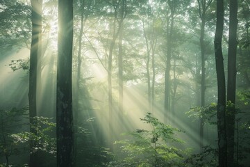 Obraz premium Sunlight rays penetrate through a misty forest, casting a golden glow on the trees, A misty forest with rays of sunlight filtering through the canopy