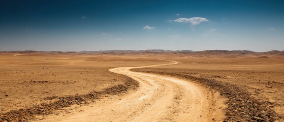 Fototapeta premium Serene desert landscape with winding road under a clear blue sky offering a sense of adventure and exploration in a vast arid environment