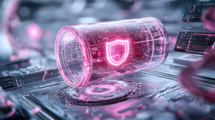 A digital shield concept protects data. It shows a glowing battery with a shield symbol embedded on a circuit board emphasizing cyber security. Suitable for tech security company marketing.