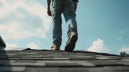 Person Walking on Roof with Blue Sky Background