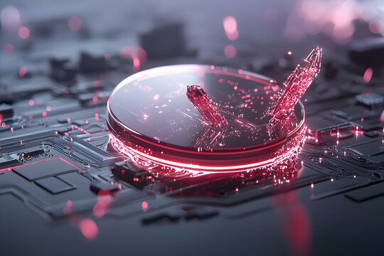 A futuristic rendering of a glowing circuit board with a digital crystal formation. This image is ideal for technology promotions or abstract concepts.