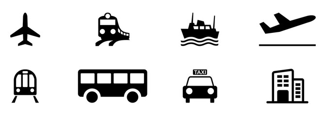 Set of black transport icons airplane, train, bus, ship, metro, taxi, and hotel. Ideal for travel apps, maps, infographics, and UI design. Simple vector silhouettes.