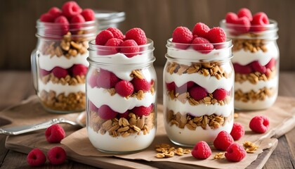 A delightful arrangement of parfaits featuring fresh raspberries, granola, and creamy yogurt.