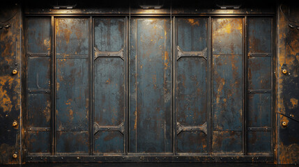 Aged industrial metal wall with grungy rust texture, dark panels, rivets, and overhead lighting in a sci-fi style environment.