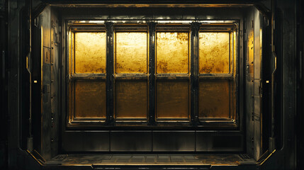 Futuristic metallic elevator interior with worn golden doors and industrial sci-fi design, illuminated with warm lighting.