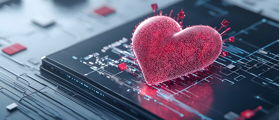 A digital heart on a circuit board symbolizes technology and emotions. It can be used in tech company ads related to security or support. This is a symbol of love.