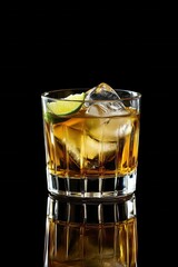 Elegant whiskey cocktail with ice cubes and lime slice in a faceted glass on a reflective black surface studio shot dark background