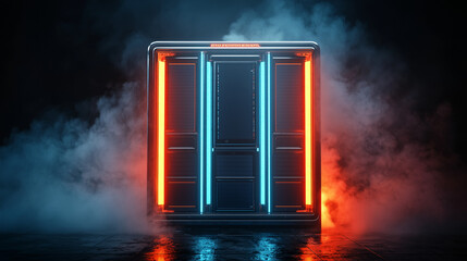 Futuristic glowing server rack with neon lights in smoky dark room, symbolizing high tech and data processing.
