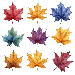 Fototapeta premium Collection of falling autumn leaves in watercolor