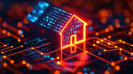 Fototapeta premium Digital house concept, circuit board, glowing lines and dots, futuristic design