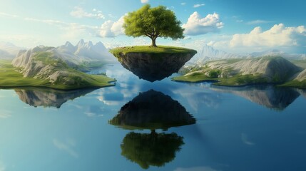 A large tree is growing on a flying island above the lake, surrounded by rocks and grass. The sky is cloudy and the sun is shining