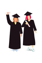 Two friends in caps and gowns celebrate their graduation, holding their diplomas. Education and graduation concept. Vector Not AI generated