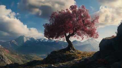 A large rose tree is growing on a mountain, surrounded by rocks and grass. The sky is cloudy and the sun is shining